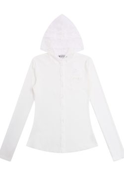 Japanese-Style Lace Spliced Hooded Long-Sleeve T-Shirt for Women, Slim Fit, Flattering, Sheer, Summer Casual Top, Y2K Aesthetic