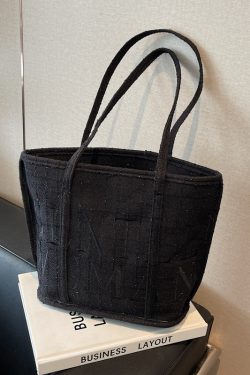 Japanese-Style Minimalist Checkered Fabric Bucket Bag for Women, 2025 Versatile Shoulder Bag with Embroidered Letters