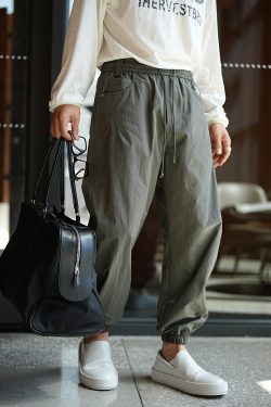 Japanese-Style Minimalist Precision Embroidery Casual Pants for Men, Trendy Summer Tapered Design with Elastic Waist and Drawstring