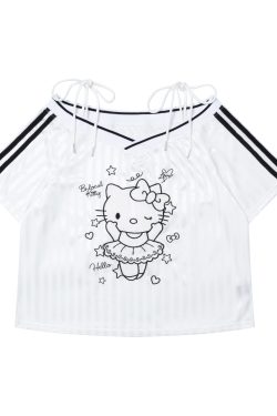 Japanese-Style Off-Shoulder Hello Kitty T-Shirt for Women, Cute Short Sleeve Loose Fit Embroidered Top, Sweet and Spicy Fashion