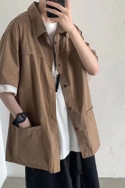 Japanese-Style Oversized Short Sleeve Work Shirt for Men - Retro Streetwear Summer Jacket, Trendy Fashion Essential