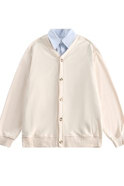 Japanese-Style Retro Two-Piece Shirt Collar Cardigan Sweatshirt for Men and Women - Loose Casual Couple Jacket for Spring and Autumn