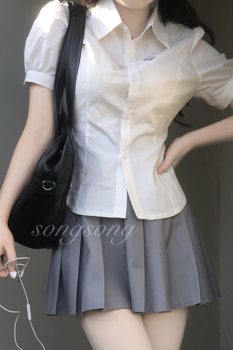 Japanese-Style Short-Sleeved Puff Sleeve JK Shirt with Waist-Cinching Design and Pudding Bear Print for Summer Fashion