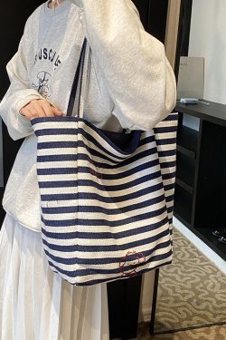 Japanese-Style Striped Canvas Tote Bag for Women - Large Capacity Shopping Bag for Travel and Commuting, 2025 Design
