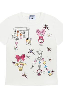 Japanese-Style Sweet Cartoon Short Sleeve T-Shirt for Women, Cute Slim Fit for Petite Figures, Y2K Aesthetic