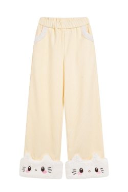Japanese-style Sweet Hello Kitty Patchwork Fleece Pants for Women, Cute Straight-Leg Wide-Leg Winter Trousers, Y2K Fashion