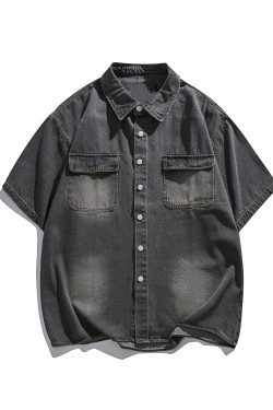 Japanese-Style Vintage Washed Denim Short Sleeve Shirt Jacket for Men and Women - Retro Multi-Pocket Workwear Trend
