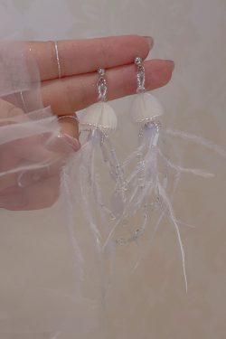 Jellyfish Pink Feather Tassel Earrings for Women - Long Seaside Vacation Style, Flattering Design for a Unique Look