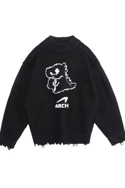 Khaki Black Little Dinosaur Destruction Sweater - Trendy Y2K Style Knit Pullover for Casual Chic Looks