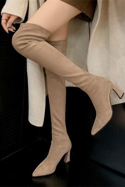 Khaki Pointed Toe Over-the-Knee High-Heeled Boots for Women, Elastic Slim Fit Long Tube Style, Autumn Winter Fashion Footwear