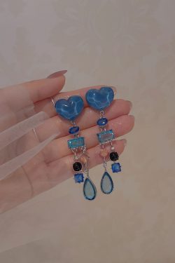Klein Blue Heart Tassel Earrings for Women - Exaggerated Long Studs, Seaside Vacation Style, Trendy Statement Jewelry