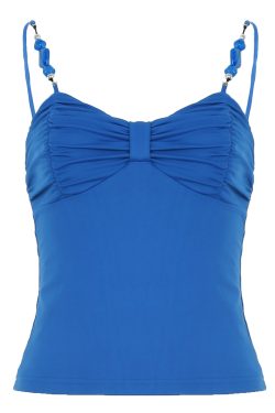 Klein Blue Pleated Bustier Camisole with Beaded Dopamine Patchwork - Oil Painting Style Short Top for Y2K and Art-Inspired Fashion