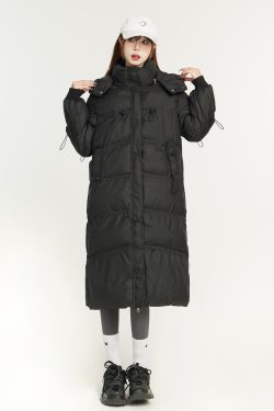 Knee-Length Black Loose Down Cotton Coat for Women, Warm Windproof Jacket, Winter Outerwear, Cozy Fashion Essential