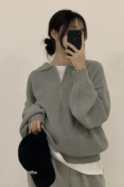 Korean Chic Half-Zip Polo Neck Sweater - Unique Design, Stylish Loose Fit, Thick Warm Knit Pullover for Fall/Winter Fashion