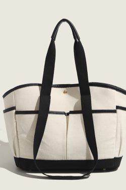 Korean Color-Block Canvas Tote Bag - Large Capacity Multi-Compartment Mommy Handbag for Casual Use and Maternity Essentials