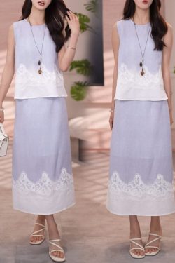 Korean Style 2025 Summer Spliced Lace Top & High Waist Skirt Two-Piece Set - Trendy Fashion for a Chic Look
