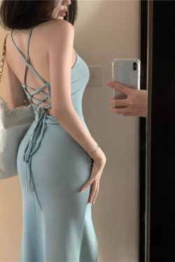 Korean-Style Backless Hollow Lace-Up Dress for Women, Fitted Waist Bodycon Mermaid Skirt, Figure-Flattering Party Dress