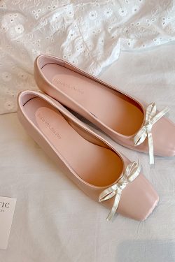 Korean Style Barbie Pink Bow Square Toe 4cm Mid-Heel Sheepskin Chunky Heel Women's Shoes - Versatile Shallow Mouth Design