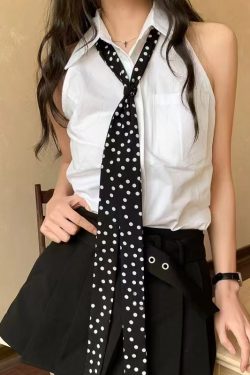 Korean Style Black and White Polka Dot Silk Scarf - Y2K Long Strip Neck Ribbon, High-End Hair Accessory for Women