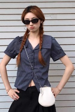 Korean Style Black and White Striped Lapel Waist-Defined Shirt - Versatile Women's Summer Top