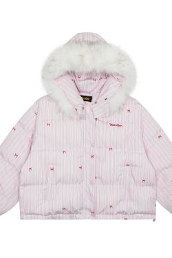 Korean-Style Bow Tie Striped Fur Collar Hooded Short Cotton Jacket for Women - Winter Warm Thickened Cotton Coat
