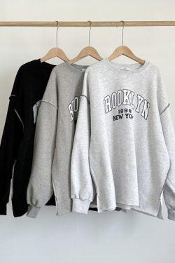 Korean Style Brooklyn Letter Embroidery Splicing Seam Loose Sports Sweatshirt for Casual Wear