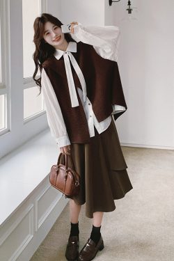 Korean Style Brown Knitted Vest, Half Skirt & Off-White Shirt 3-Piece Fashion Set for Trendy Outfits