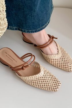 Korean-Style Chunky Heel Square-Toe Closed-Toe Sandals | Woven Straw Comfort for Spring/Summer 2025 Outdoor Slippers