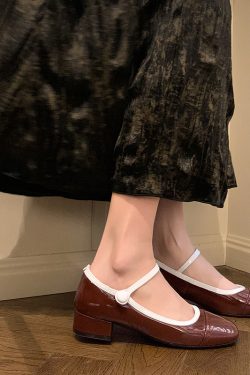 Korean Style Color-Blocking Chunky Heel Mary Jane Flats - Round-Toe One-Strap Genuine Leather Shoes, Age-Reducing Comfort