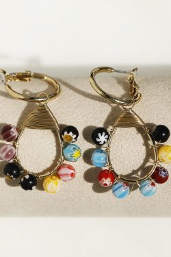 Korean-Style Colorful Glass Bead Double Ring Earrings with Gold Line - Ethnic Fashion Jewelry for Women, Versatile Niche Design