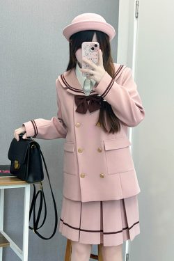 Korean Style Double-Breasted Bear Suit with Loose Mid-Length Skirt - Original JK Academy Two-Piece Set for Trendy Fashion Lovers