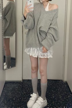 Korean Style Gray V-Neck Knitted Sweater for Women, Loose Fit, Versatile Autumn Winter Fashion, Cozy Lazy Aesthetic