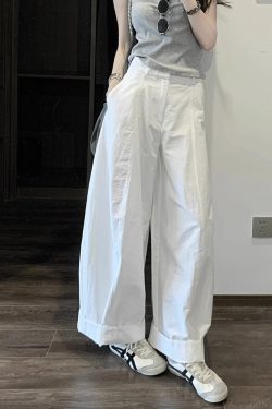 Korean Style High-Waisted Loose-Fit White Cargo Wide-Leg Pants for Women - 2025 Summer Floor-Length Trousers