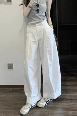 Korean Style High-Waisted Loose-Fit White Cargo Wide-Leg Pants for Women - 2025 Summer Floor-Length Trousers