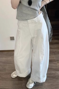 Korean Style High-Waisted Loose-Fit White Cargo Wide-Leg Pants for Women - 2025 Summer Floor-Length Trousers