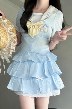 Korean Style JK Uniform Navy Collar Top with Pudding Bear Design and Sweet Cake Skirt Set for Women - Summer Fashion Outfit