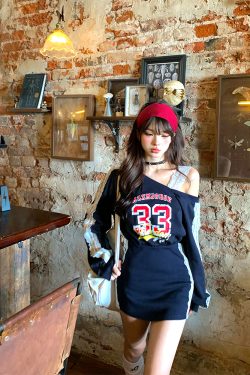 Korean Style Lace Asymmetrical Shoulder T-Shirt Dress for Women - Long Sleeve Waist-Defining Bodycon Mini Dress for Autumn Winter