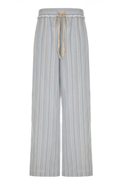 Korean-Style Minimalist Color-Blocking Vertical Striped Loose Wide-Leg Low-Waist Ruffled Drawstring Casual Pants