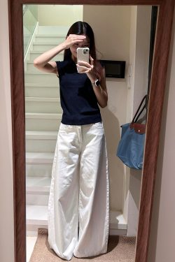 Korean-Style Minimalist Navy Blue Collar Flutter Sleeve T-Shirt - Slim Fit Versatile Top for Effortless Chic Style
