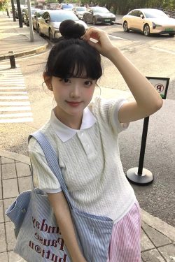 Korean-Style Minimalist Polo Collar Knitted Short-Sleeve T-Shirt - Versatile Solid Color Top for Women, College Casual Fashion