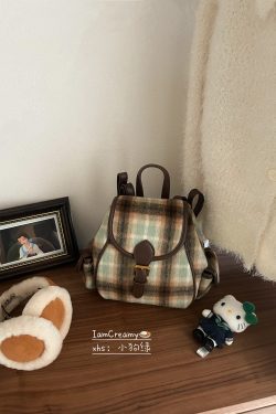 Korean Style Mint Coffee Plaid Wool Backpack for Women - Retro Double Shoulder Design for Autumn & Winter
