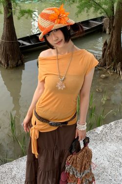 Korean-Style Off-Shoulder Tie-Up T-Shirt - Spicy Girl Slim Fit Short Sleeve Summer Top with Asymmetrical Design, Trendy Fashion
