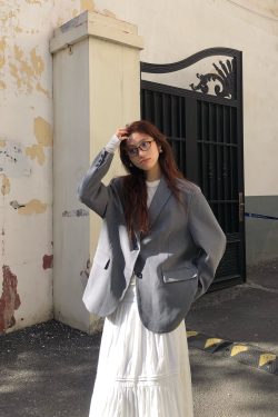 Korean Style Oversized Gray Suit Jacket for Women - Elegant Loose Fit High-Grade Design for Early Autumn Fashion