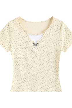 Korean-Style Polka Dot Floral Women's T-Shirt, Sweet & Spicy Slim Fit Shoulder-Showing Top for Summer Fashion