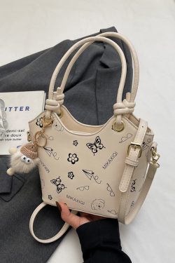 Korean-Style Printed Tote Bag for Women - Spring/Summer 2025, Textured Bucket Bag, Fresh & Simple Shoulder Crossbody Bag