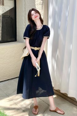 Korean Style Puff Sleeve Long Dress for Women, Summer 2025, Slimming Waist-Cinching, Simple Round Neck, Artistic Temperament