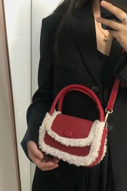 Korean Style Red Fur Bag - Versatile Small Square Handheld Crossbody Bag in Lamb Wool for Autumn and Winter Fashion