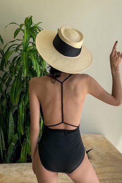 Korean Style Retro Deep V Backless One-Piece Swimsuit for Women - Temperature-Sensitive, Sexy Slimming Design for Hot Springs, Instagram Ready
