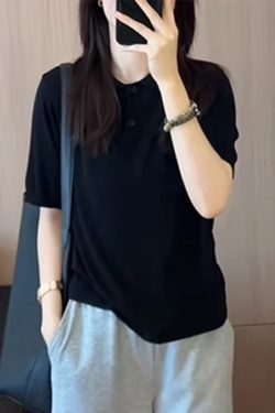 Korean Style Round Neck Solid Color Short Sleeve T-Shirt for Women - 2025 Summer Fashion Slimming Versatile Top