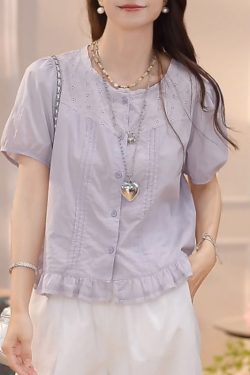 Korean-Style Ruffled Round Neck Short Sleeve Shirt for Women - Casual Solid Color Summer Top 2025